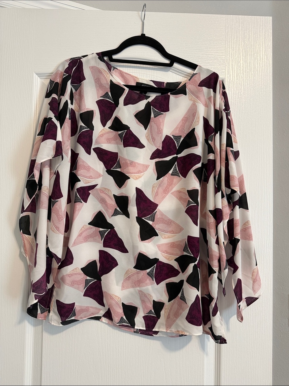 Alfani Sheer Geometric Print Blouse in Pink, Black & Plum